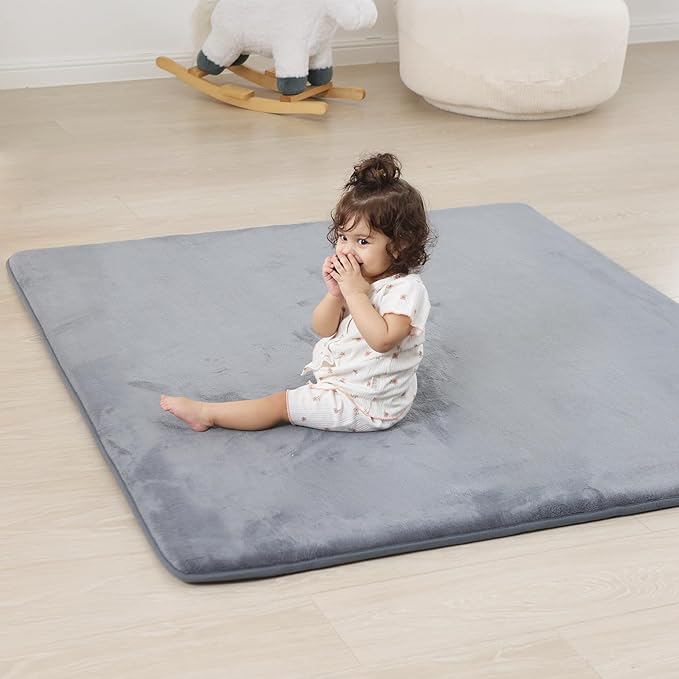 1.3" Thick Baby Floor Play Mat 50x50, Basic Padded Foam Mat for Tummy Time Crawling, Non Slip Cushioned for Babies Toddlers Infants Kids (Light Grey)
