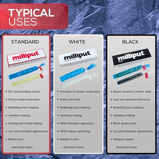 Milliput Epoxy Putty 10 Piece Set, Standard Color - with Sculpting Tools, Sanding Pad and Gloves - Air Dry Moldable Plastic Plumbers Clay - Ceramic Tile, Marble, and Quartz Countertop Chip Repair Kit