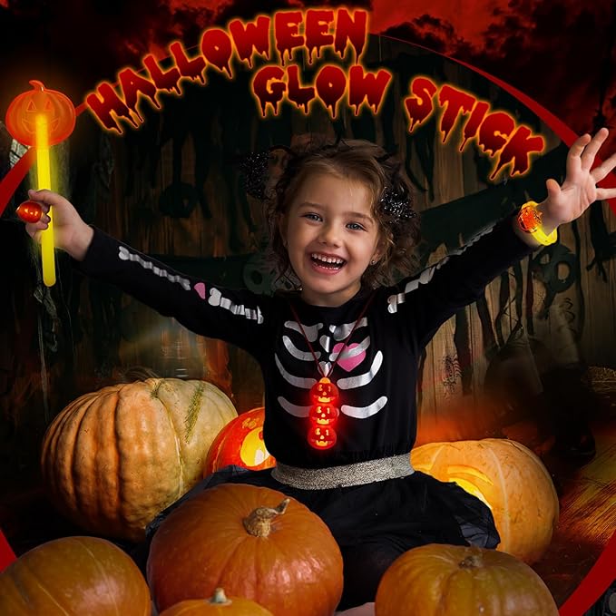 Lewtemi 64 Pcs Pumpkin Halloween Glow Sticks Set Include Bracelet Necklace Ring Wand Glow in the Dark Party Supplies Decorations Halloween Party Favors Goodie Bag Fillers Gifts for Kids Adults