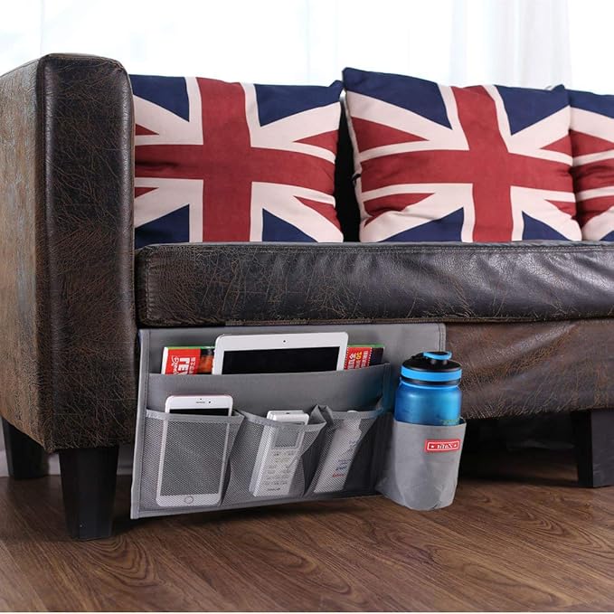 5 Pockets Bedside Caddy, Bedside Storage Organizer for Water Bottles, Magazines, Phone, Glasses (5 Pockets-Grey)