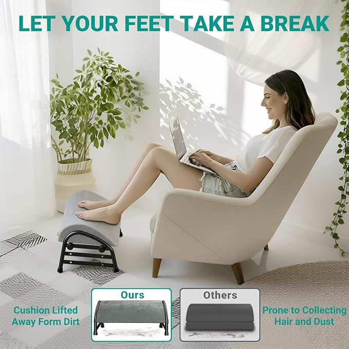 Adjustable Foot Rest for Under Desk at Work, Velvet Under Desk Footrest with Metal Frame, Padded Foot Stools for Under Office Desk, Ergonomic Leg Rest for Desk Chair, Car, Computer - Gray
