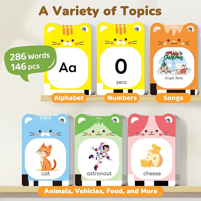 Talking Flash Cards for Toddlers 1-5 Clear Voice & Thick Cards & Easy to Slide in and Out, Independent Play & Speech Development Toys, 20 Topics Including Numbers & Letters & Songs