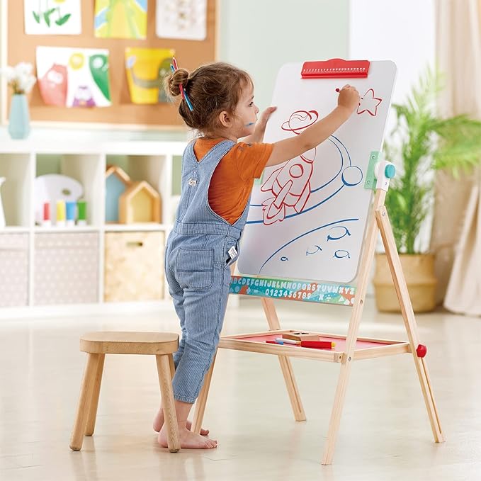 Hape Standing Flip Flat 2 Sided Kids Artwork Easel with Chalk Blackboard and Marker Whiteboard, Includes 4 Chalks, 2 Marker Pens, and One Board Rubber