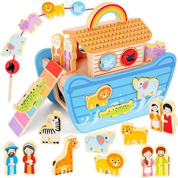 Wooden Noahs Ark Toy Animal Playset, Baptism Gifts for 2 3 4 Years Old Boys Girl, Lacing Beads, Shape Sorter, Montessori Noah's Ark Toys with Bible Story Book for 24 Months Kids