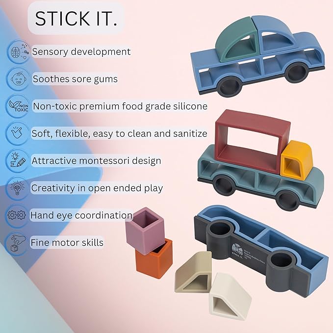 Stick It Montessori Food Grade Silicone Stacking Vehicles, 14 Pcs Toddler Baby Building Blocks Teether Educational Open Ended Shapes STEM Toy, 18+ Months (Car)