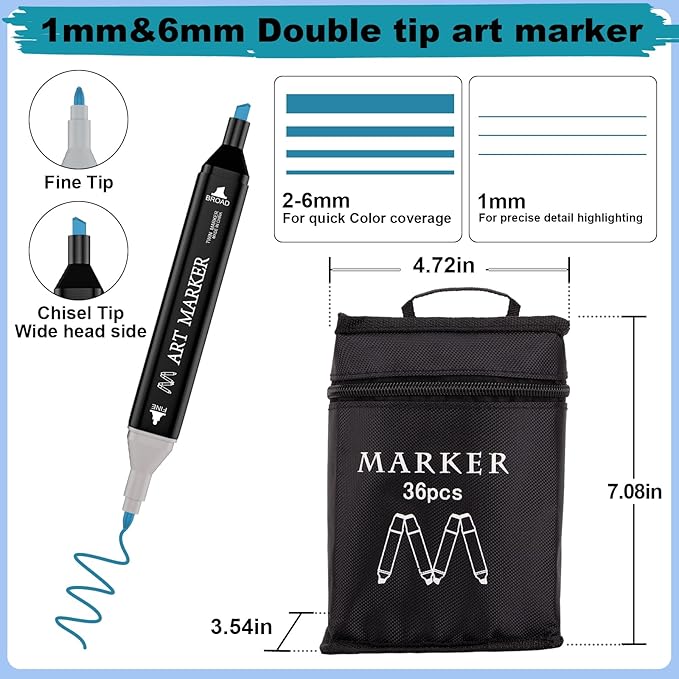 Alcohol Markers, 36 Colors Dual Tip Art Marker, Alcohol Based Markers for Kids Sketching Adult Coloring, Permanent Drawing Marker with Case and Holders