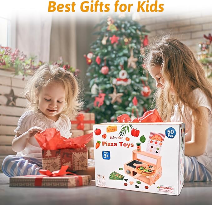 50 Pcs Wooden Pizza Toy, Montessori Pretend Play Toys, Wooden Pizza Counter Playset with Bake Oven, Play Food and Accessories, Cooking Pretend Play Toys for Boys Girls Age 3+