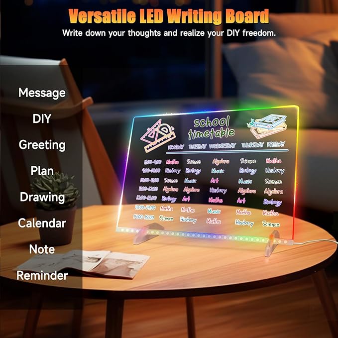 LED Note Board with Colors-Light Up Acrylic Dry Erase Board with 6 Modes & 8 Colors,13.7"X10" Include 7 Markers, Hanging Chain, Battery Case, Led Writing Board with Battery Pack for Home/Office/Decor