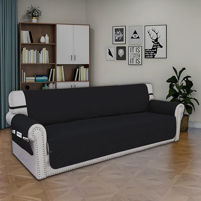 Easy-Going Sofa Slipcover Waterproof Sofa Cover Couch Cover for 4 Cushion Couch with Elastic Straps Washable Non-Slip Furniture Protector Cover for Pets, Dogs, Cat (XX-Large, Black)