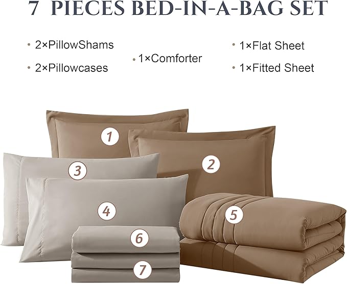 Monbix California King Size Comforter Set - 7 Pieces Bed in a Bag California King, Bedding Sets with Comforter, All Seasons Comforter Bed Set with Sheets, Pillowcases & Shams