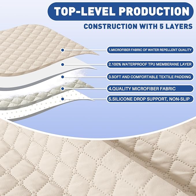 XINEAGE Quilted Chair Sofa Cover Waterproof Chair Covers for Armchair, Super Soft Washable Slipcover with Pockets & Non-Slip Elastic Straps, Thick Furniture Protector (Chair, Beige)