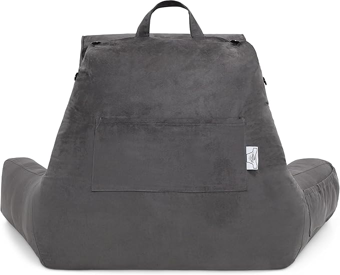 Husband Pillow XXL Aspen Edition, Adult Reading Sit Up Bed Rest Pillow for Bed with Arms & Neck Roll on Bungee Cord - Premium Memory Foam - Reversible 2 Sided Cover Micro Suede or Plush, Iron Grey