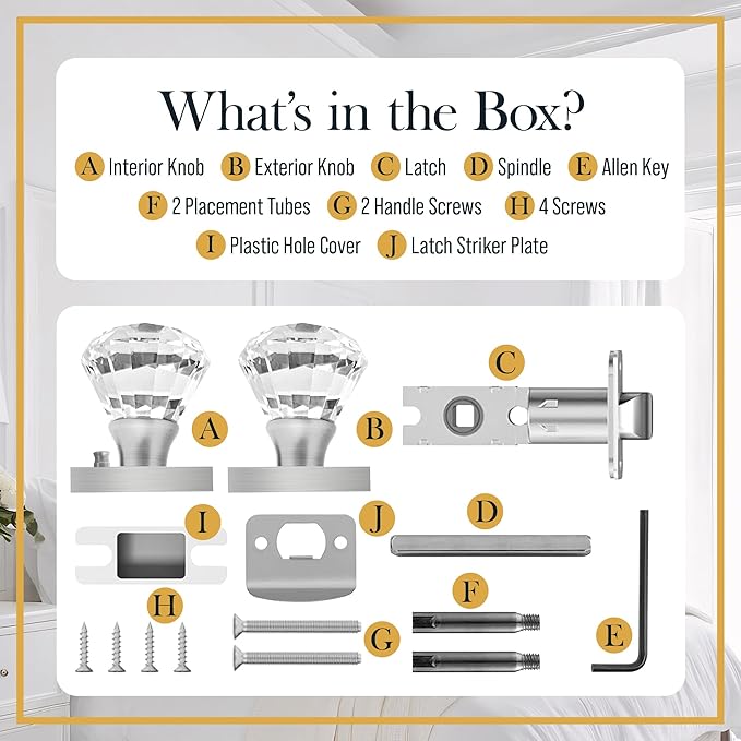 Silver Crystal Door Knob with Lock, Square Base, Glass Door Knobs Interior Privacy Set, Vintage Decorative Antique Style Handle for Bedroom, Bathroom, Closet, 1 Pack