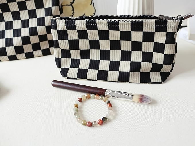 HAPPYHEIDI Checker Corduroy Makeup Bag Women Cosmetic Toiletry Travel Pouch Office Desk Organizer, Vintage Black White Block