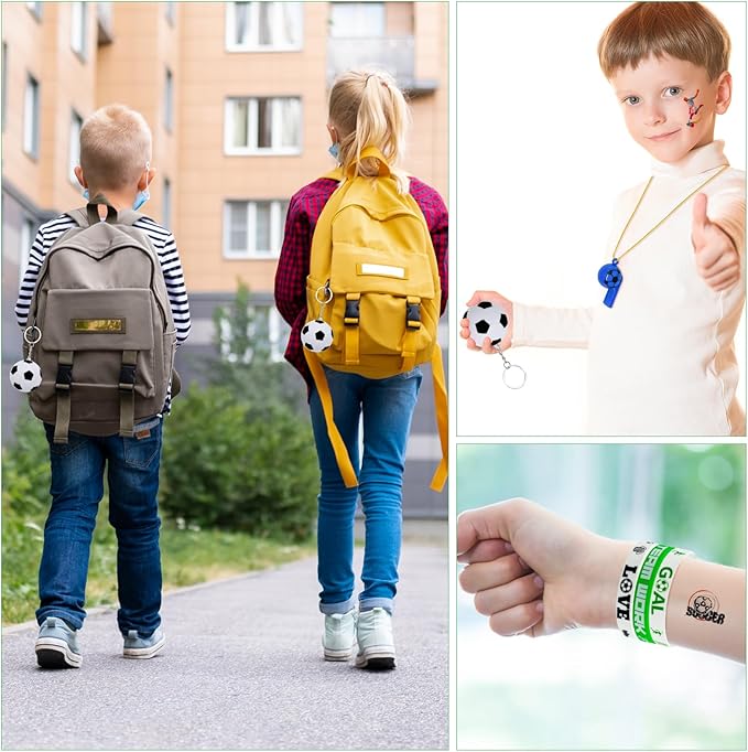 Cinrobiye 146 Pcs Soccer Party Favors, Sports Party Supplies with Cup Straw Soccer Keychain Tattoo Sticker Slap Bracelet Whistle Treat Bag Gifts for Classroom Rewards Soccer Birthday Party (Soccer)