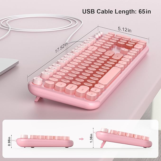 Wired Keyboard with Backlit, Light Up Computer Keyboards with Multimedia Keys, Full Size Wired Keyboard with Illuminated LED, Plug and Play, Anti-Wear Letters for Laptop, Desktop- Pink Colorful