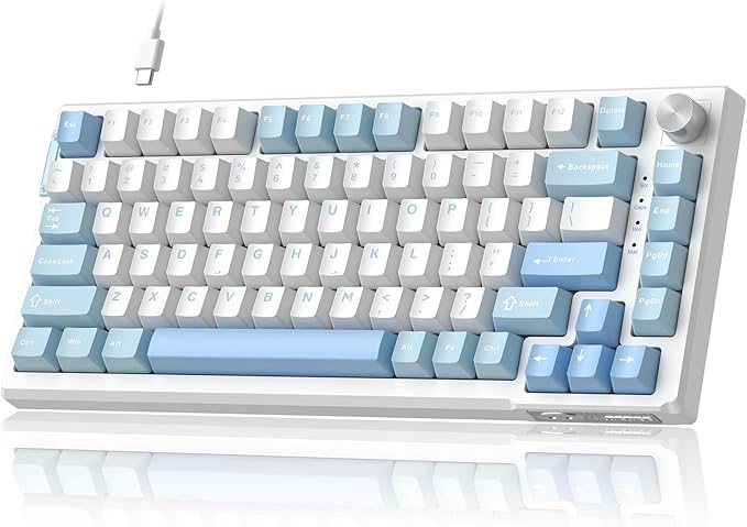 MageGee SKY81 75% Mechanical Gaming Keyboard, Hot Swappable Wired Custom Creamy Keyboards with 5-Layer Sound Dampening, Knob Control, RGB Backlit, NKRO for Win/Mac (Ice Sea Blue, Pink Bear Switch)