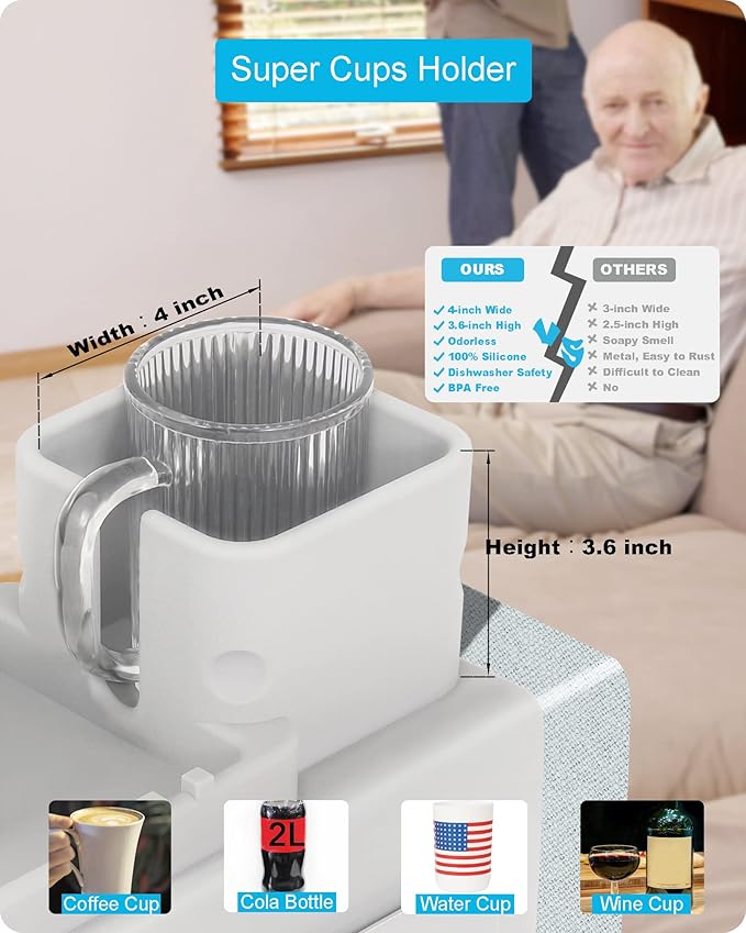 Couch Cup Holder Tray, VIENFUT Silicone Anti-Slip Sofa Armrest Tray with Side Pockets, BPA-Free Anti-Spill Couch Drink Holder for YETI, Remote, Snacks, Cellphone and iPad, Ideal Gift (Griege)