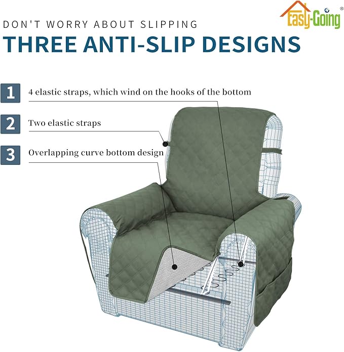 Easy-Going Sofa Slipcover Waterproof Recliner Chair Cover Non-Slip Fabric Couch Cover for Living Room Washable Furniture Protector for Pets Kids Children Dog Cat (Recliner, Greyish Green)