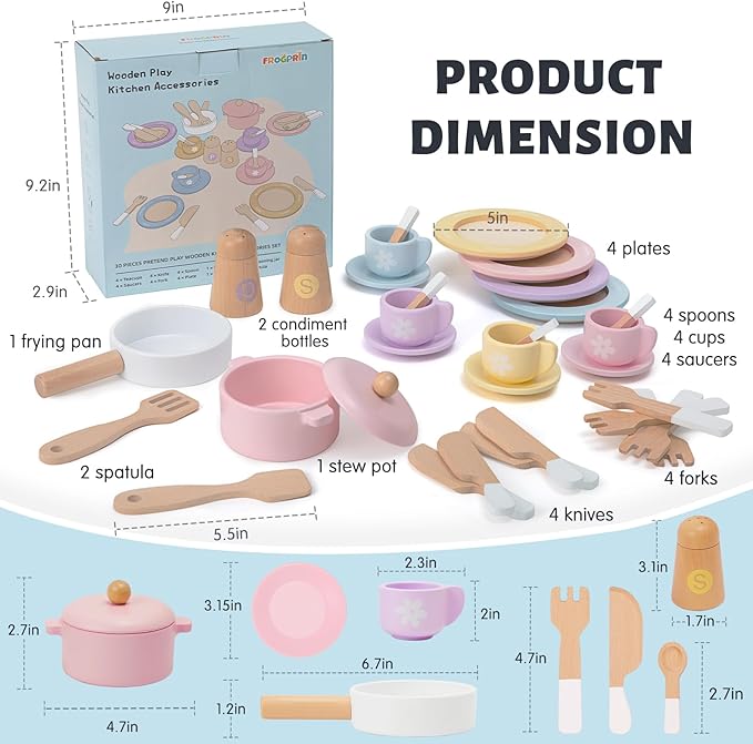 30 PCS Wooden Toy Plates and Dishes for Kids, Play Kitchen Accessories Set, Pretend Play Food Sets for Children Kitchen, Montessori Toys for Girls and Boys