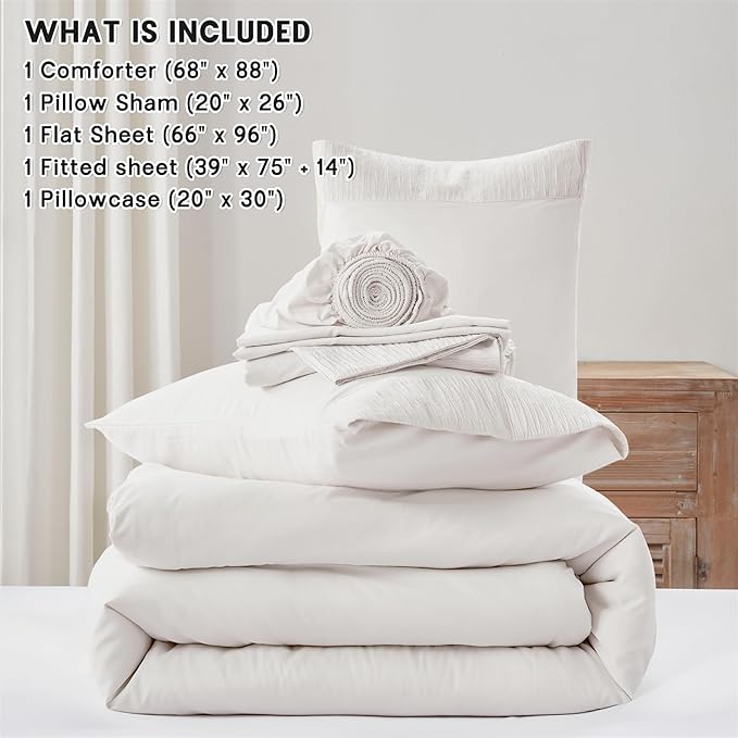 Anluoer White Twin Comforter Set 5 Pieces, Bed in a Bag with Sheets, All Season Bedding Sets with 1 Comforter, 1 Pillow Sham, 1 Pillowcase, 1 Flat Sheet, 1 Fitted Sheet