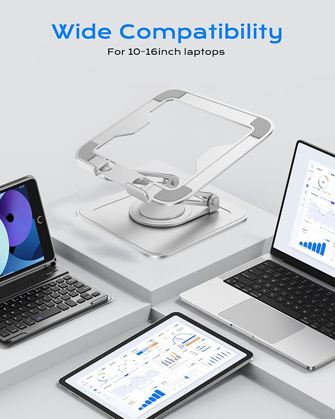 Adjustable Laptop Stand, Computer Stand with 360 Rotating Base, Ergonomic Laptop Riser Mount for Desk Foldable Protable Computer Desk Fits with MacBook Pro Air (10-16") - White