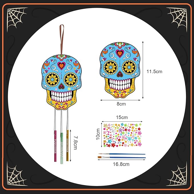 Fennoral 9 Pack Skull Wind Chime Kit for Kids Make You Own Day of The Dead Wind Chime Hanging Ornaments DIY Coloring Wooden Halloween Crafts for Boys Girls Halloween Party Decoration