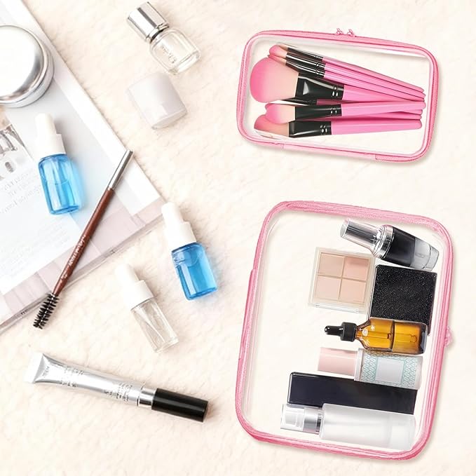 Clear Hard Shell Zipper Case,Clear Toy Storage Pouch,Waterproof Transparent Organizer Cosmetic Case for Travel, Office, Home(Pink, M+2*S)