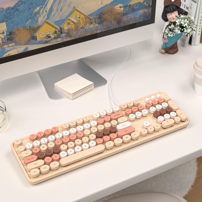 MOFII Wired Keyboard - Full Size USB Plug & Play, Colorful Retro Round Typewriter Keyboard with Foldable Stands for Windows PC Laptop (Milk Tea Colorful)