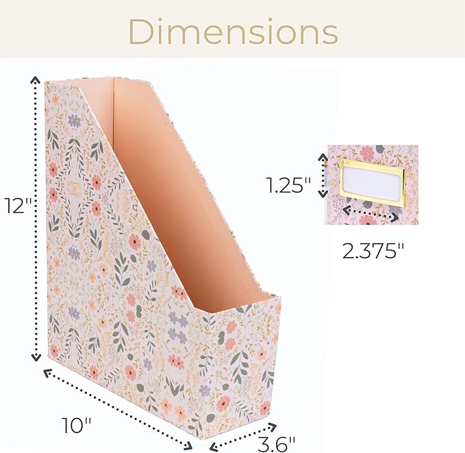 BLU MONACO | Cardboard Magazine File Holder Set of 4 | Standing File Holder with Floral Boho Design | Foldable Cardboard Bins for Shelves Desk Office Storage