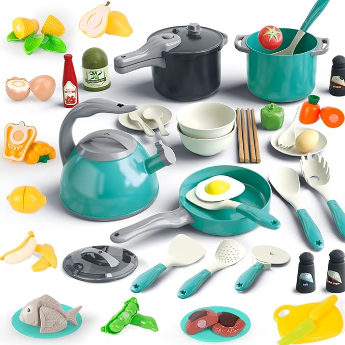 Bruvoalon 67Pcs Kids Play Kitchen Toys Set, Toddlers Pretend Cooking Playset Acccessories with Pots Pans, Utensils Cookware, Foods, Canned Veges, Learning Gift for Kids Girls Boys (Green)