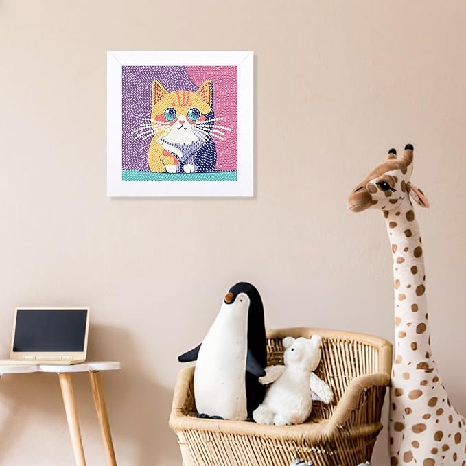 hkejoi Cat Diamond Painting Kits with Frame, Cat Diamond Art Kits, Cat Gem Art Kit, Crystal Art for Gift Home Wall Decor 7x7 Inch
