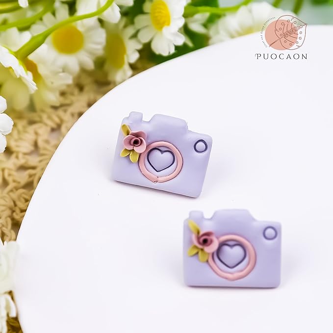 Puocaon Camping Polymer Clay Cutters - 14 Pcs Clay Cutters for Polymer Clay Earrings Making, 3D Print Camper Theme Polymer Clay Cutters, Compass Van Tents Cups Bus Hill Camera Clay Jewelry Cutters