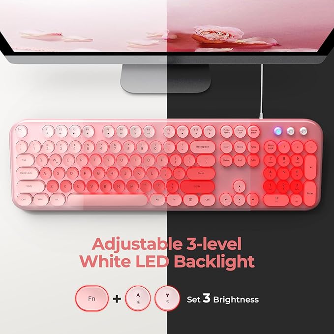 Wired Backlit Keyboard, USB Computer Keyboard with Retro Keycaps, Numeric Keypad and Media Hotkey for Office Desktop PC Laptop and Windows 7 8 10 11 (Pink Colorful)