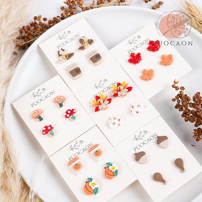 Puocaon Thanksgiving Polymer Clay Cutters - Fall Polymer Clay Cutters Earrings Studs Making, 9 Pcs Mini Clay Cutters Pumpkin Chicken Acorn Clay Cutters, Coffee Cup Clay Cutters Mushroom Maple Shape