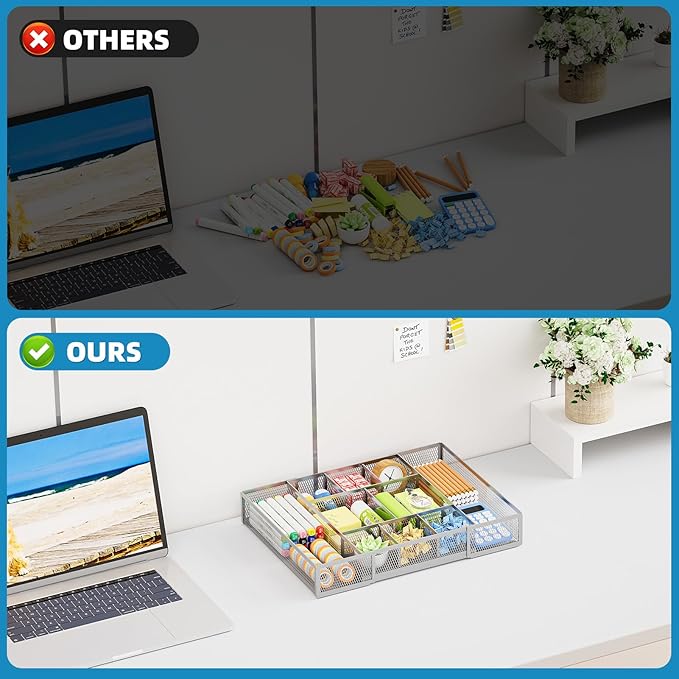 Marbrasse Expandable Desk Drawer Organizer, Mesh Tray with 10 Adjustable Compartments, Desk Organizers for Office Supplies, Makeup & Vanity (Expandable-Silver)