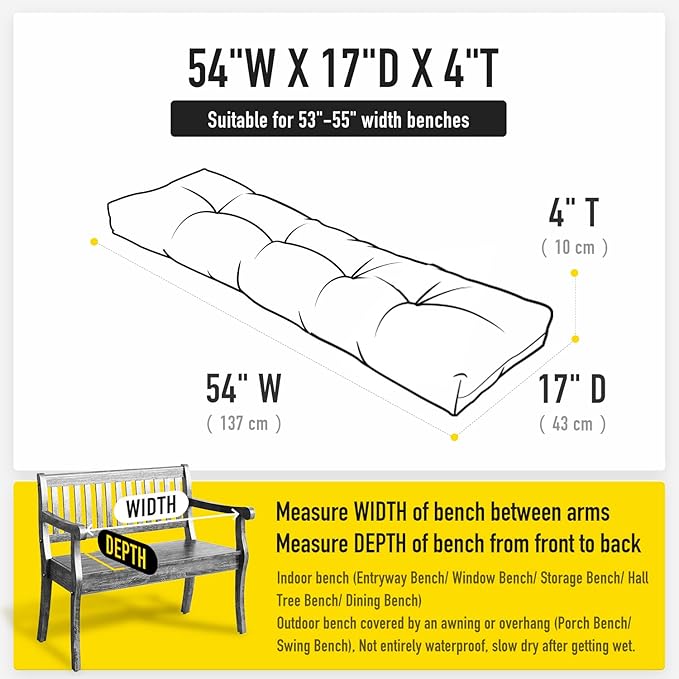SUNROX LokGrip Non Slip Tufted Memory Foam Bench Cushion, FadeShield Water Resistant Durable Thicken Outdoor/Indoor Bench Seat Pads 54x16x4 inch, Heather Indigo