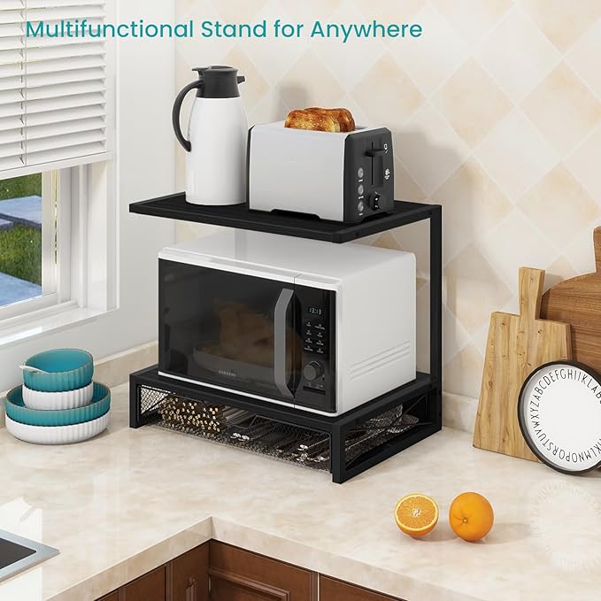 ELITEROO 2-Tier Printer Shelf with Drawers, Wooden Desk Organizer Shelf for Small Printers and Office Supplies, Desktop Storage Rack for Books, Folders, Scanner, Fax Machine, 3D Printer, Black