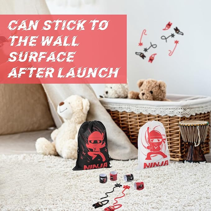 Cindeer 18 Set Ninja Party Favors, Includes Ninja Theme Drawstring Bags, Stretchy Flying Ninjas and Stars Slingshots Stretch Toys, Slap Bracelets for Karate Ninja Birthday Party Favor Supplies