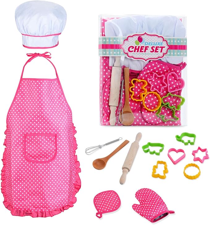 HmiL-U Chef Set for Kids - 13 Pcs Kids Cooking and Baking Set Includes Kids Apron, Chef Hat, Utensils, Cooking Mitt for Kids Chef Role Play Set , Gift for 3 Year Old Girls and up …
