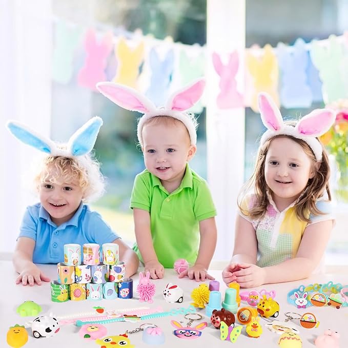 60 PCS Easter Egg Fillers, Easter Basket Stuffers with Slap Bracelets Rubber Wristbands Stickers Stampers Cars Ring Keychains Puffer Fidget Toys, Easter Party Favors, Classroom Prizes Gift Exchange