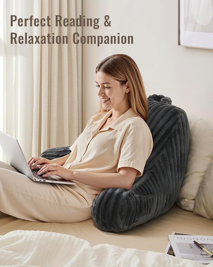 Blissful Diary Reading Pillow for Sitting in Bed, Large Flannel Back Pillow Bed Sitting Up for Adult & Children, Backrest Cushion for Sit Up in Couch or Floor, Dorm Essentials, Dark Gray