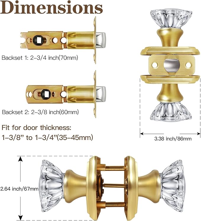 CLCTK Antique Crystal Door Knobs Interior, Passage Hall and Closet Door Knobs, Satin Brass