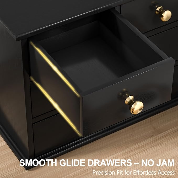 Oak Desk Organizer with Drawers, Durable Wooden Desktop Storage Box with Metal Handles & Non-Slip Silicone Pads, 4 Drawer Tabletop Organizer for Office, Bedroom, Bathroom, Vanity, and Makeup – Black