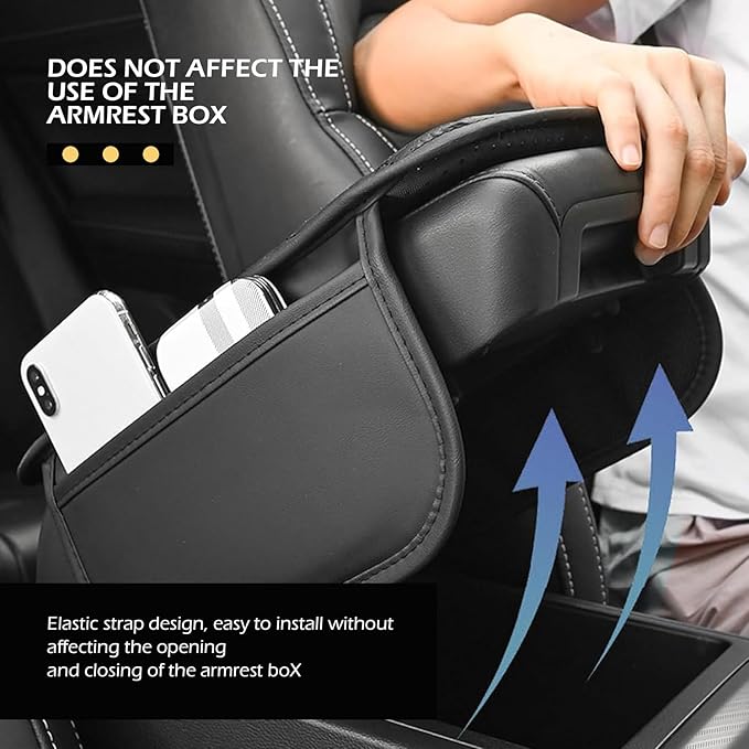 Bawkars Car Center Console Cover, Leather Vehicle Armrest Protector Cushion with 2 Side Storage Bags, Auto Breathable Middle Interior Accessories, Universal for SUV, Sedan, Truck (Black)