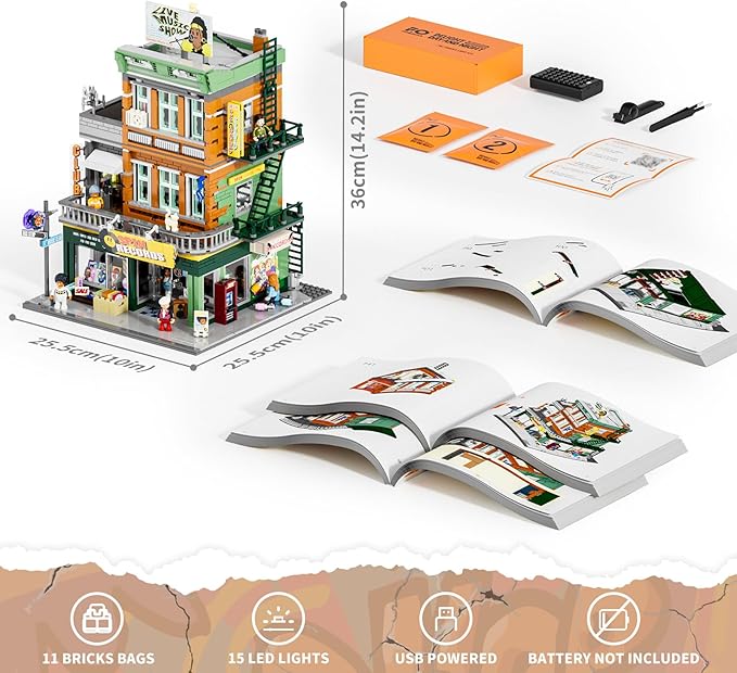FUNWHOLE Record Store Lighting Building Bricks Set - Street Fusion City Town Audio Shop Multi-Form Modular Collection Kit 1980 Pcs for Adults & Teen & Music Lovers