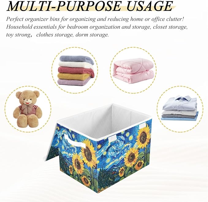 senya Large Storage Bins with Linen Collapsible Foldable Storage Cubes Fabric Closet Organizer Containers box with Flip-Top Lid for Home Bedroom Office 16.7 x 12.6 x 11.8in (Sunflowers Sky)