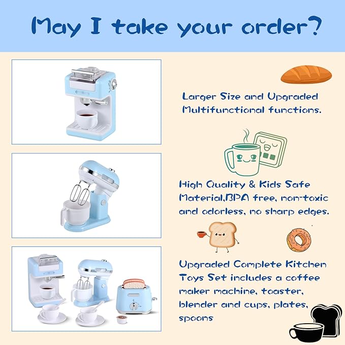 Ehome Play Kitchen Toys Kids Kitchen Accessories Pretend Play Kitchen Appliances Toy Set with Coffee Maker, Mixer, Toaster for Kids Ages 4 5 6 7 8 Girls, Birthday Gifts for Kids, Blue