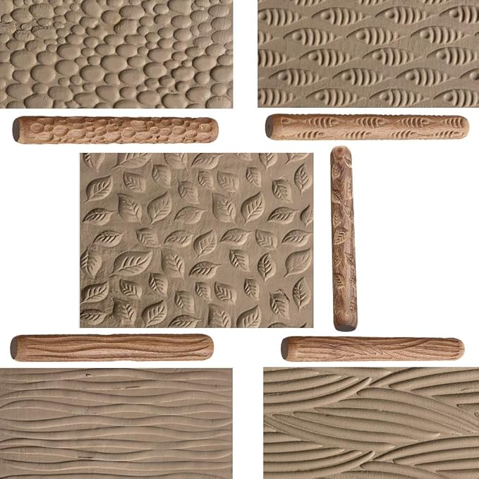 OwnMy Set of 5 Clay Modeling Pattern Rollers Kit, Fish Leaves Cobblestone Ripple Wood Grain Pattern 4.7 in Clay Rolling Pin Textured Hand Roller Wooden Handle Pottery Tools Set