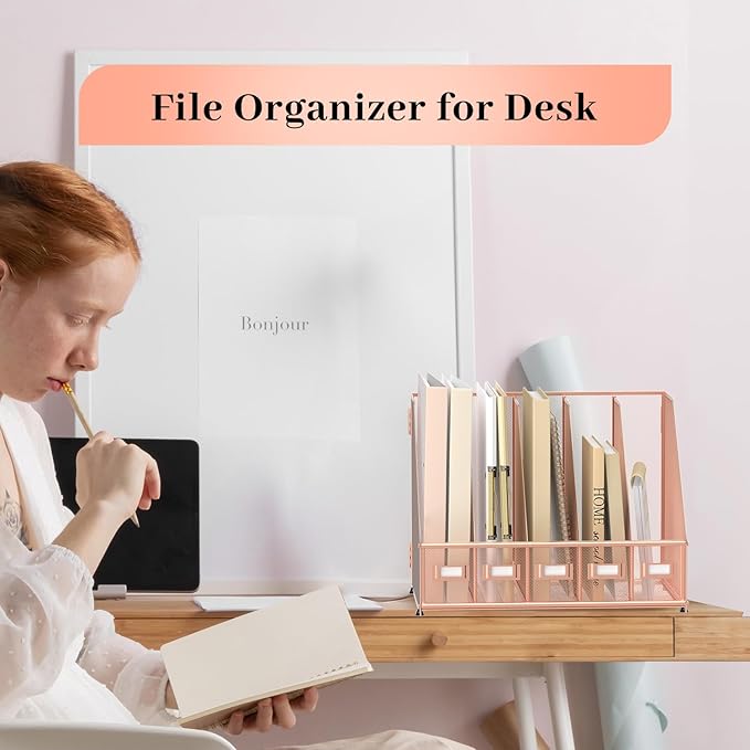 SUPEASY Desk Organizers Metal Desk Magazine File Holder with 5 Vertical Compartments Rack File Organizer for Office Desktop, Home Workspace, Rose Gold
